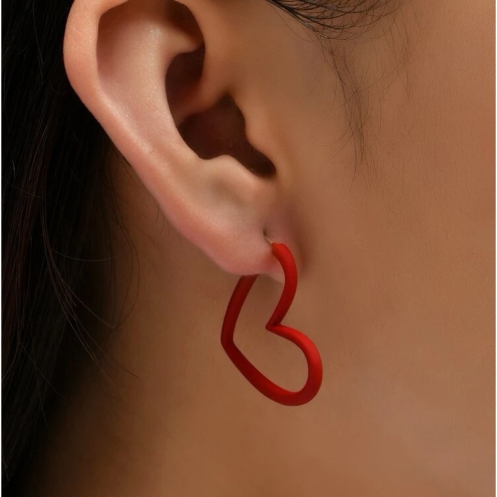 Love More♥️Heart Shaped Hoop Earrings Matte Red ♥️ - Picture 3 of 6